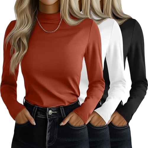 Ficerd 3 Pack Womens Mock Turtleneck Shirts Long Sleeve Mock Neck Pullover Tops Slim Fitted Stretch Undershirt Tee BlouseBlack White PumpkinMedium - Image 1