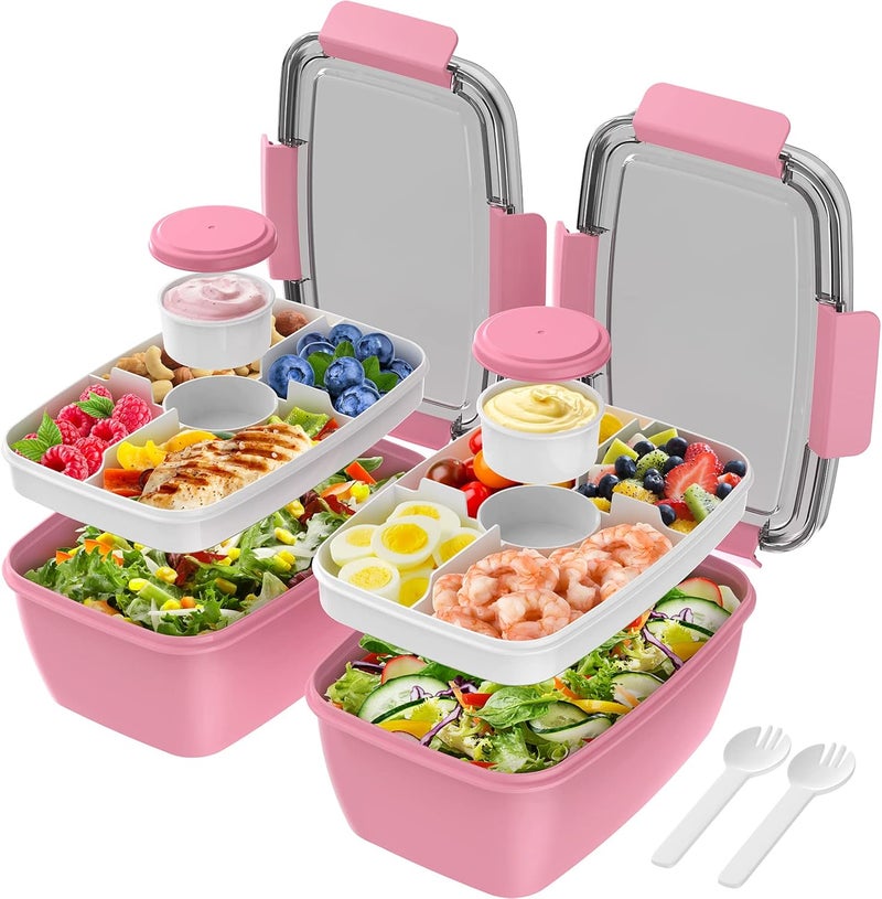 Cherrysea 2Pack Salad Lunch Container 68oz Salad Bowls with 4 Compartments TrayLeak Proof Lunch Box with Fork for MenWomen BPAFree Snack Container with Sauce Container for DressingsPink - Image 1