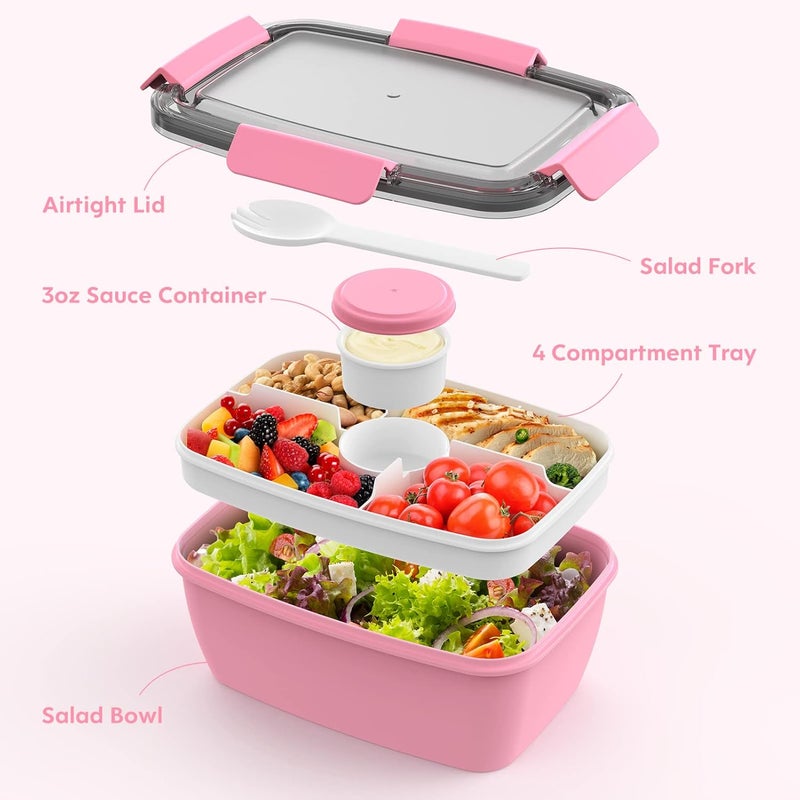 Cherrysea 2Pack Salad Lunch Container 68oz Salad Bowls with 4 Compartments TrayLeak Proof Lunch Box with Fork for MenWomen BPAFree Snack Container with Sauce Container for DressingsPink - Image 2