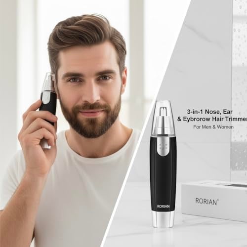 RORIAN 3-in-1 Nose, Ear & Eyebrow Hair Trimmer for Men & Women – Waterproof, Painless Facial Hair Remover with Dual-Edge Blades – Compact, Battery-Operated Grooming Tool (Black) - Image 3