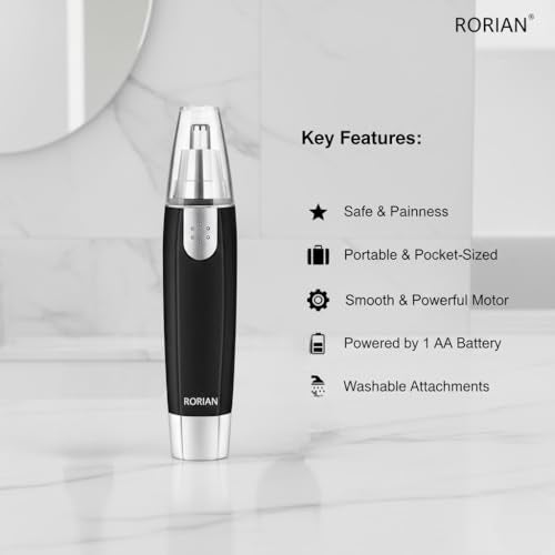 RORIAN 3-in-1 Nose, Ear & Eyebrow Hair Trimmer for Men & Women – Waterproof, Painless Facial Hair Remover with Dual-Edge Blades – Compact, Battery-Operated Grooming Tool (Black) - Image 5
