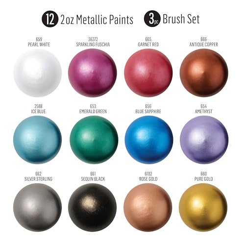 FolkArt Jewel Tone Acrylic Craft Paint Kit, 15 Piece Set Including 12 Metallic Colors and 3 Premium Paintbrushes, PROMOFAMET15 - Image 2