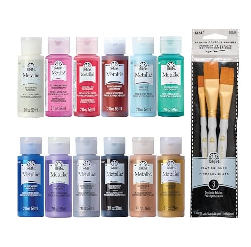 FolkArt Jewel Tone Acrylic Craft Paint Kit, 15 Piece Set Including 12 Metallic Colors and 3 Premium Paintbrushes, PROMOFAMET15 - Image 1