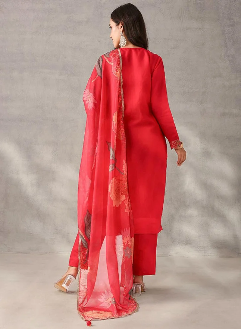 ISHIN  Women's Pink Roman Silk Embroidered Tunic Upper With Full Palazzo Straight Fit 3 Piece Kurta Set for Women | Best Price UAE