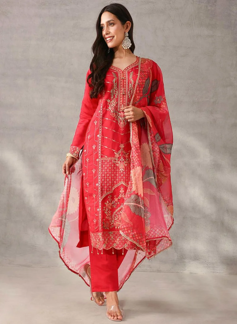 ISHIN Women's Pink Roman Silk Embroidered Tunic Upper With Full Palazzo Straight Fit 3 Piece Kurta Set
