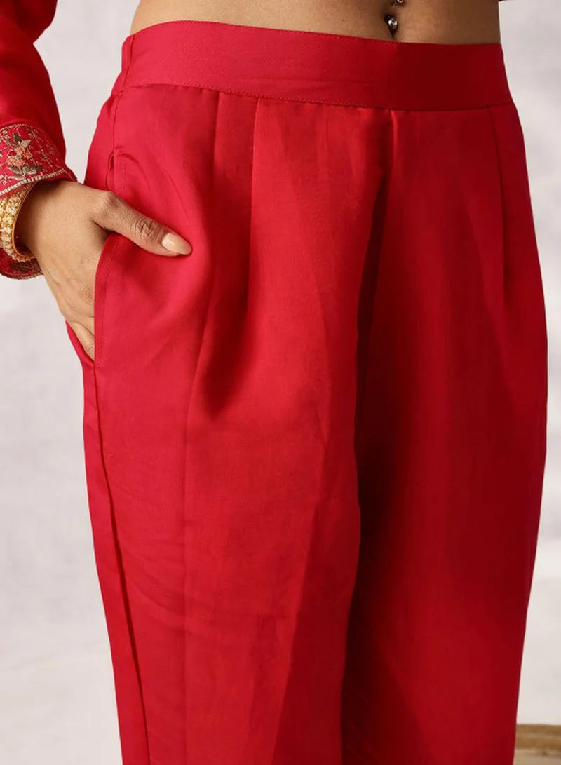 ISHIN  Women's Pink Roman Silk Embroidered Tunic Upper With Full Palazzo Straight Fit 3 Piece Kurta Set for Women | Best Price UAE