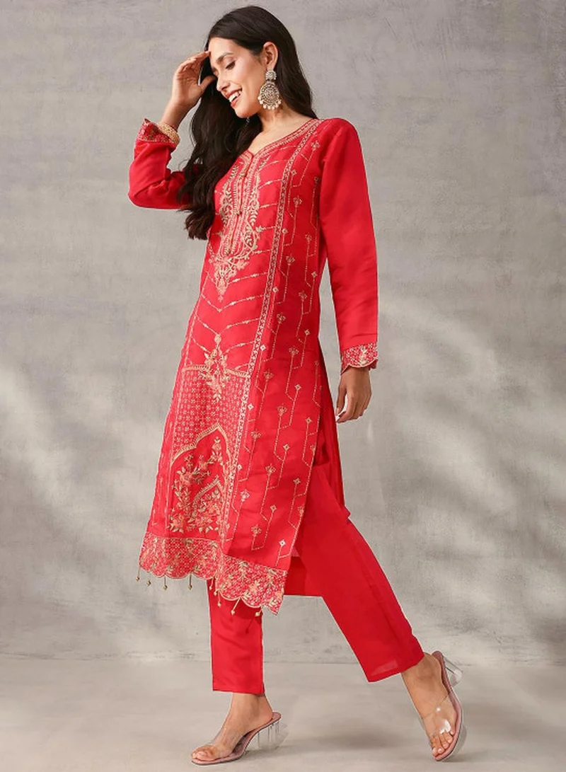 ISHIN  Women's Pink Roman Silk Embroidered Tunic Upper With Full Palazzo Straight Fit 3 Piece Kurta Set for Women | Best Price UAE