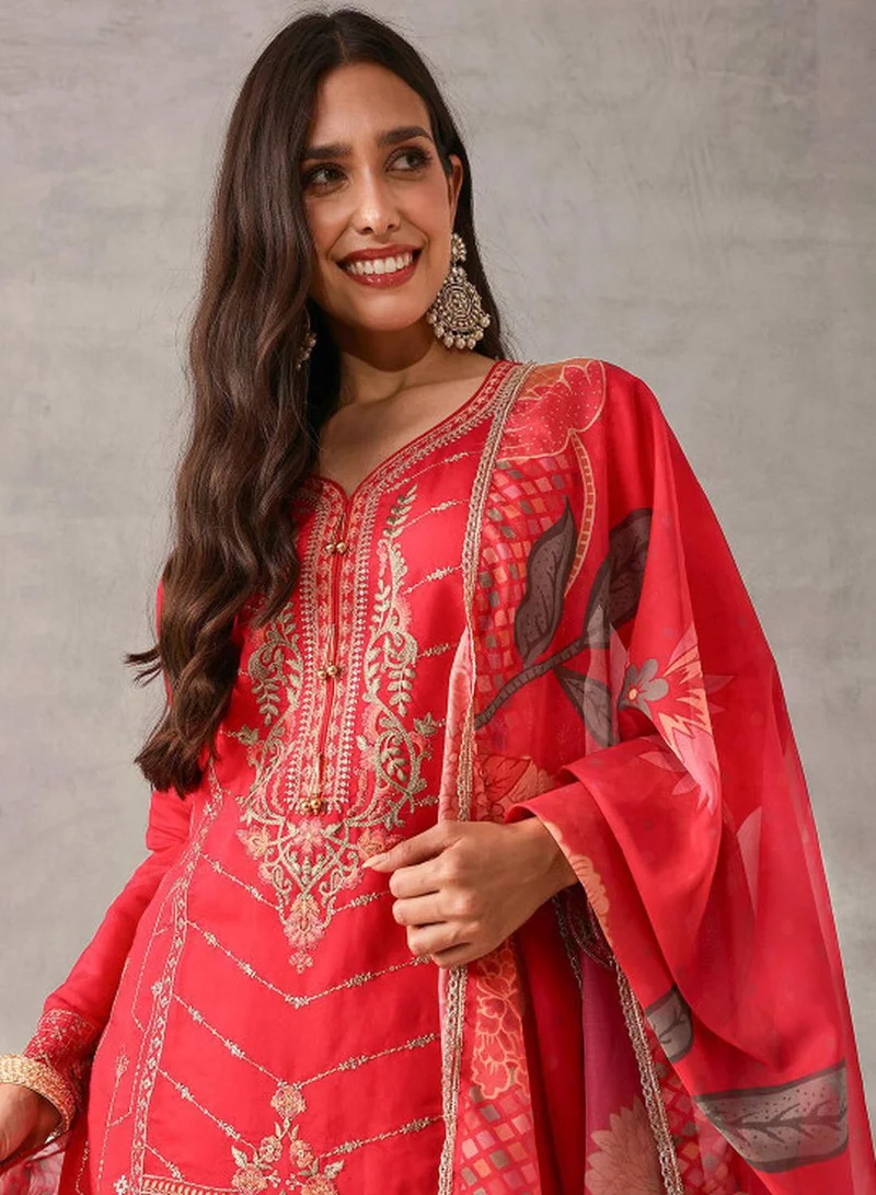 ISHIN Women's Pink Roman Silk Embroidered Tunic Upper With Full Palazzo Straight Fit 3 Piece Kurta Set