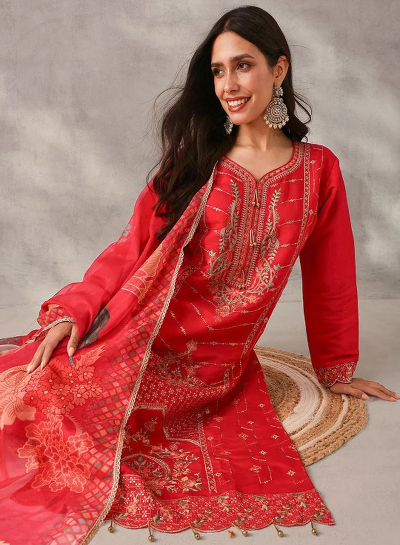 ISHIN  Women's Pink Roman Silk Embroidered Tunic Upper With Full Palazzo Straight Fit 3 Piece Kurta Set for Women | Best Price UAE