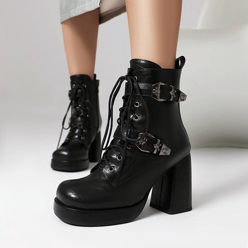 Supply Fashion Thick Bottom Belt Buckle High Heel 40-48 Plus Size Zipper Low Boots - Image 4