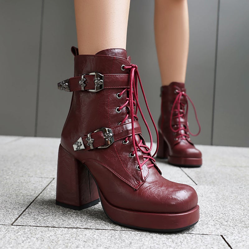 Supply Fashion Thick Bottom Belt Buckle High Heel 40-48 Plus Size Zipper Low Boots - Image 3
