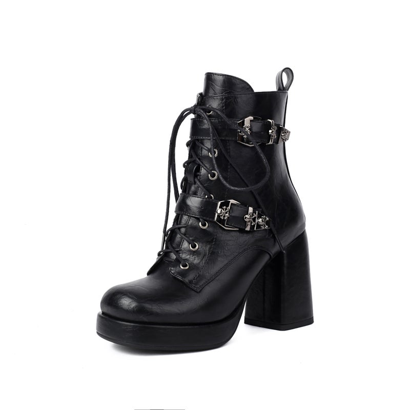 Supply Fashion Thick Bottom Belt Buckle High Heel 40-48 Plus Size Zipper Low Boots - Image 1