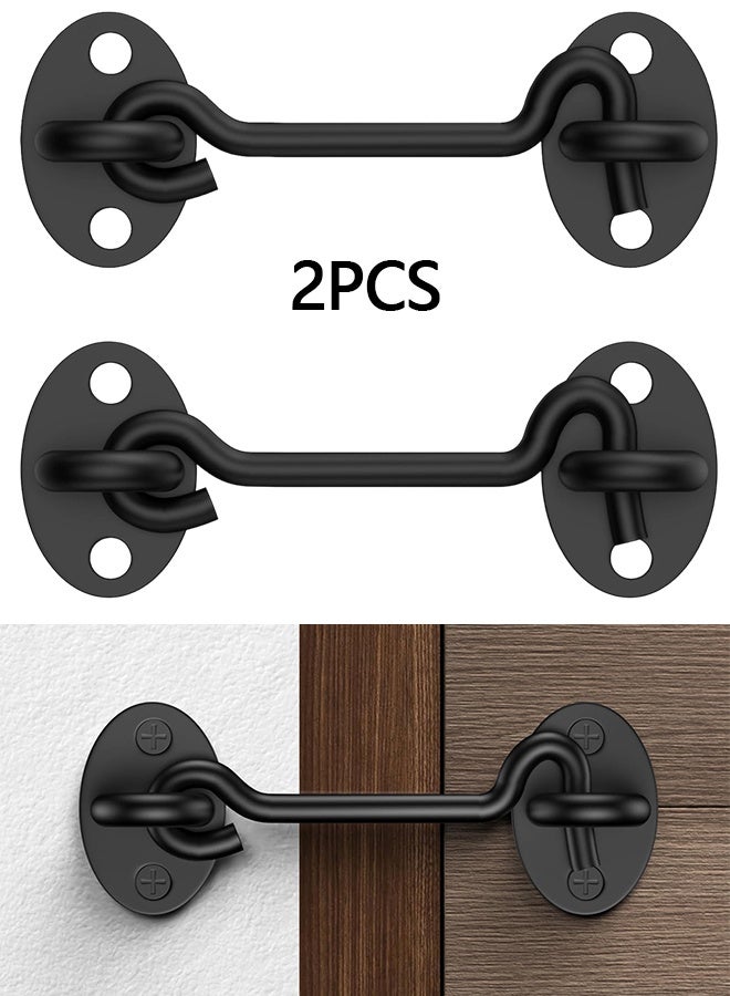 2 Pcs 4" Black Rust-Resistant Metal Barn Door Latch Lock, Hook and Eye Gate Latch with Screws, for Window, Cabin, Sliding Door, Bathroom & Bedroom - Image 1