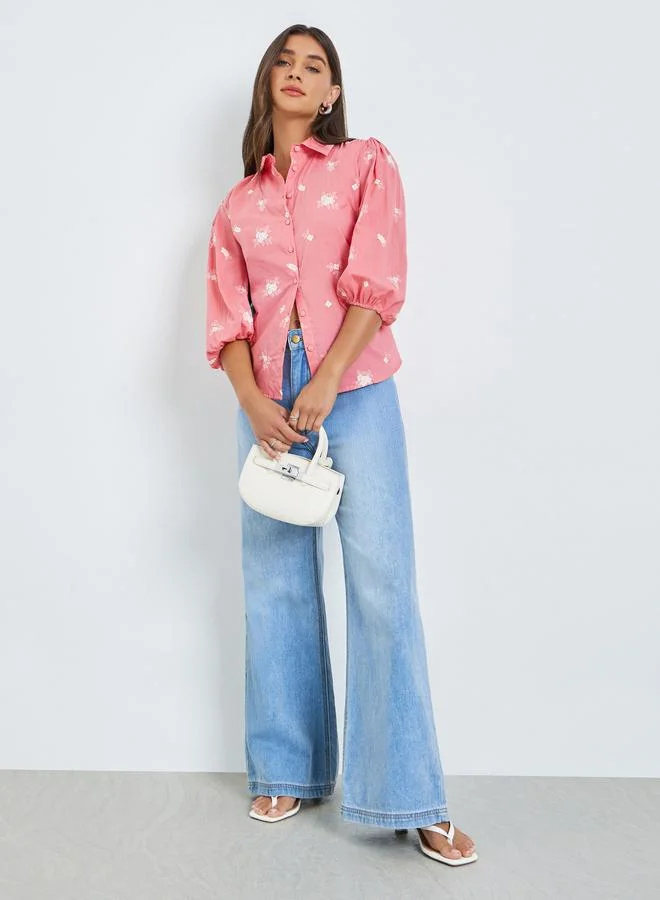 Styli Pink Embroidered Puff Sleeve Shirt