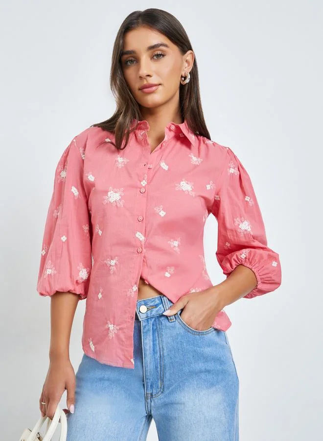 Styli Pink Embroidered Puff Sleeve Shirt