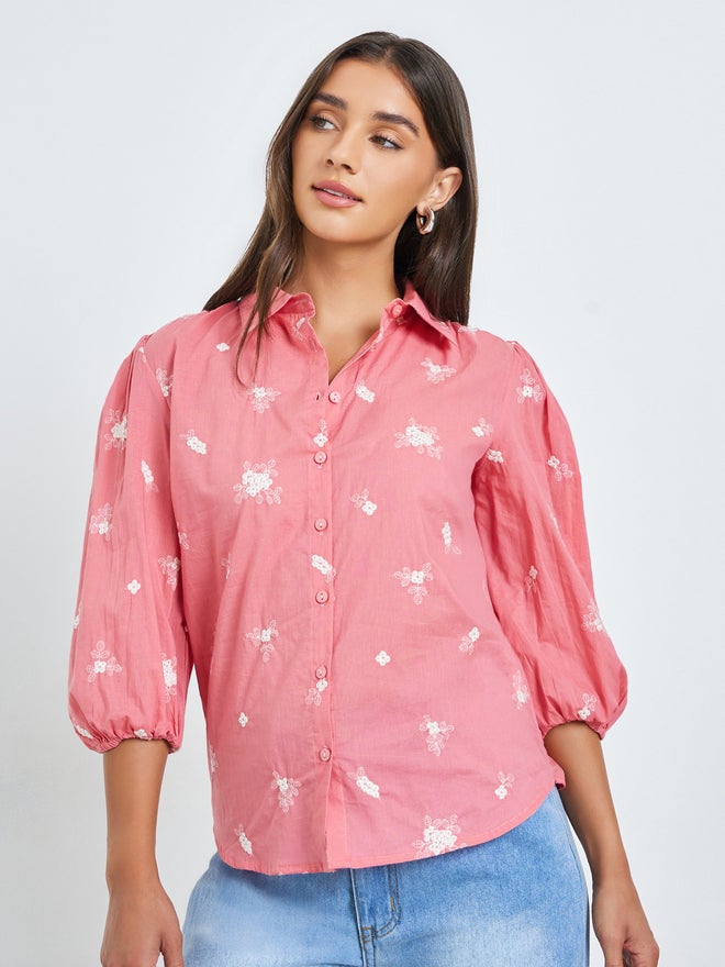 Styli Pink Embroidered Puff Sleeve Shirt - Image 3
