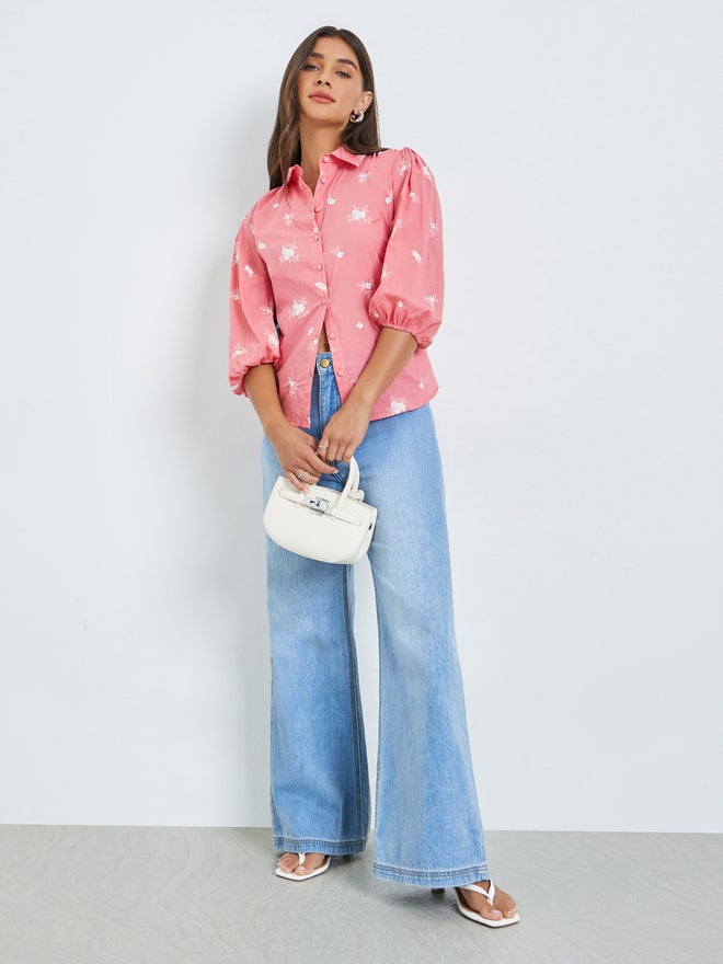 Styli Pink Embroidered Puff Sleeve Shirt - Image 2