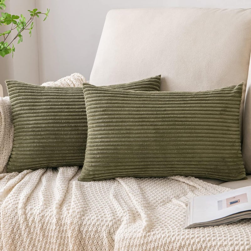 EMEMA Cushion Cover 40x60 cm Corduroy Cushion Covers Decorative Cushion Sofa Cushion Cord Cushion Cover Decorative Soft for Sofa Living Room Bedroom 2-Piece Set Olive Green - Image 1