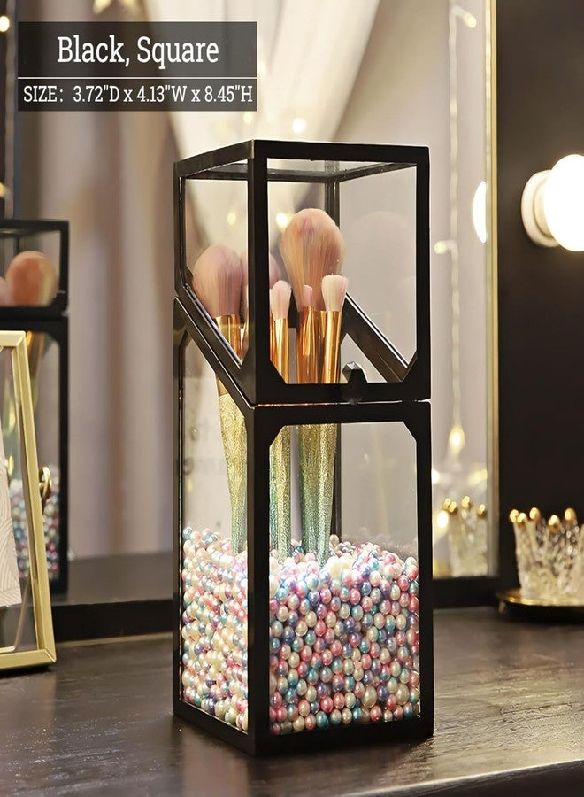KRESHU Makeup Brushes Organizer, Glass Cosmetic Storage Case, Makeup Brushes Holder Box with Lid, Pearls Bedroom Decoration (Black, Pack of 1) - Image 4