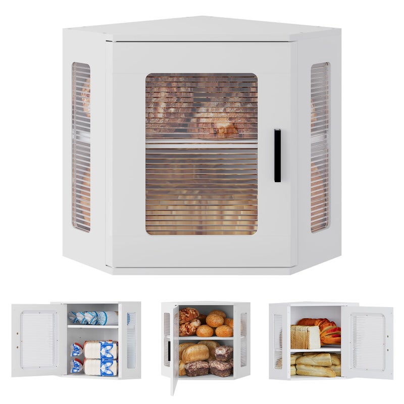TQVAI Corner Bread Box for Kitchen Countertop, Solid Wood Double Layer Large Storage Container with Adjustable Shelves, Farmhouse Acrylic Window Design, White - Image 1