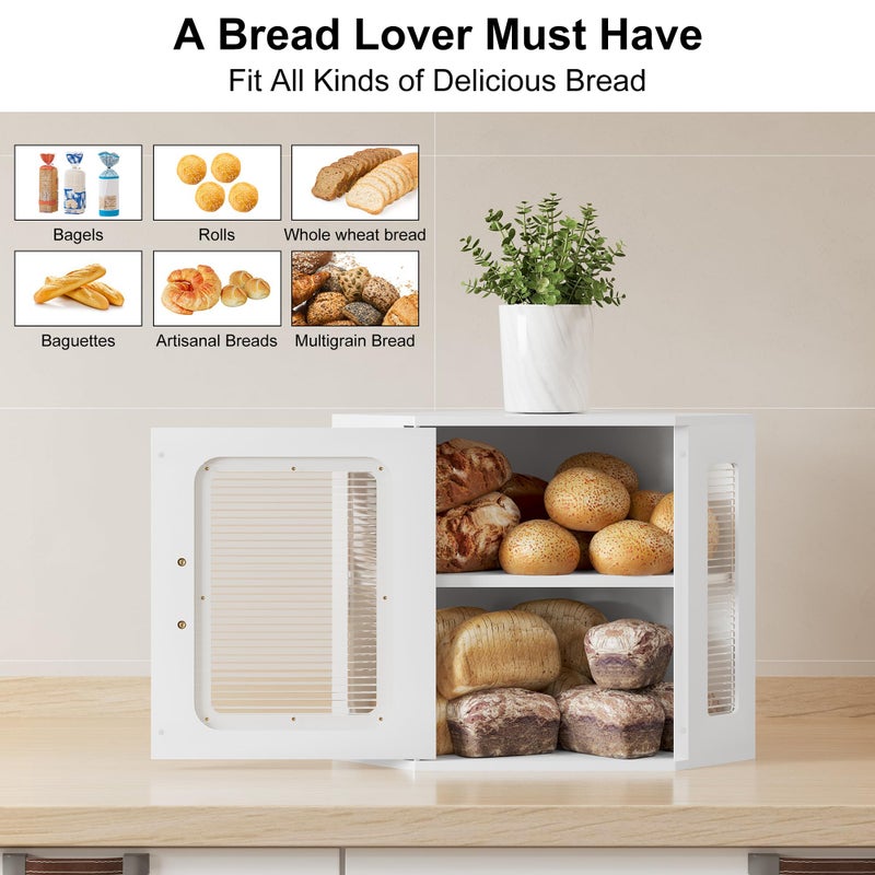 TQVAI Corner Bread Box for Kitchen Countertop, Solid Wood Double Layer Large Storage Container with Adjustable Shelves, Farmhouse Acrylic Window Design, White - Image 2