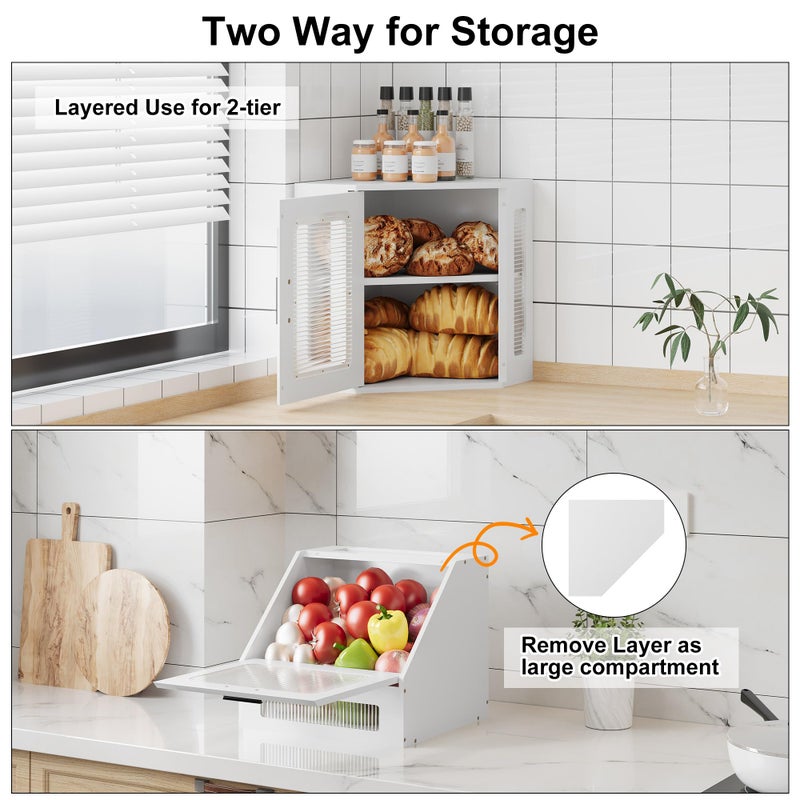 TQVAI Corner Bread Box for Kitchen Countertop, Solid Wood Double Layer Large Storage Container with Adjustable Shelves, Farmhouse Acrylic Window Design, White - Image 5