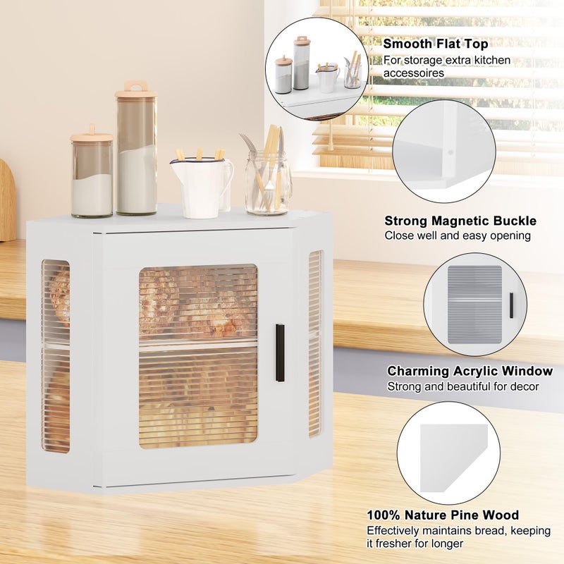 TQVAI Corner Bread Box for Kitchen Countertop, Solid Wood Double Layer Large Storage Container with Adjustable Shelves, Farmhouse Acrylic Window Design, White - Image 4