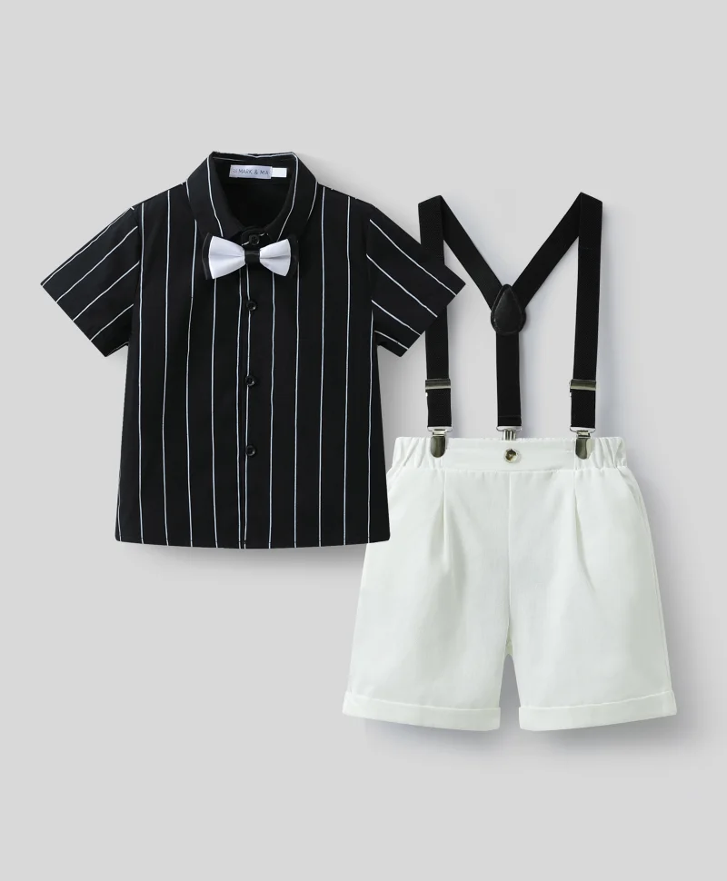 مارك وميا بدلة حفلات قطنية % بأكمام قصيرة مخططة مع حمالات وربطة عنق - أسود وأبيض