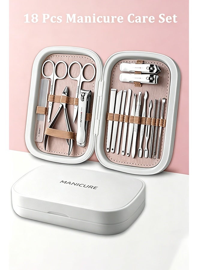 18Pcs Manicure Set Stainless Steel, Nail Clippers Scissors Pedicure Tools Kit, Portable Travel Grooming Kit for Men and Women (Pearl White) - Image 1