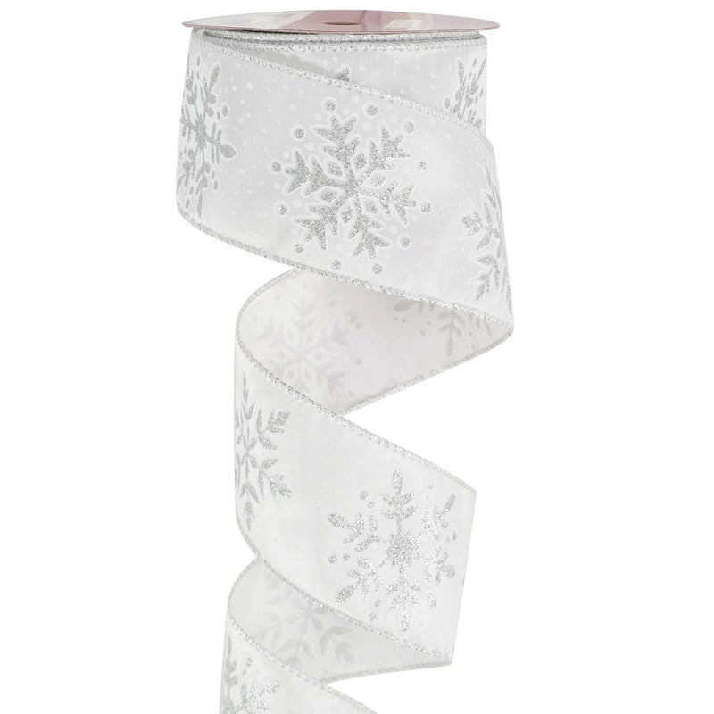 MEEDEE Silver Snowflake Wired Ribbon White Ribbons with Glitter Snowflake 2.5 Inch White and Silver Ribbon for Christmas Tree, Winter Decor, Garlands, Wreaths, Gift Wrapping (10 Yards) - Image 1