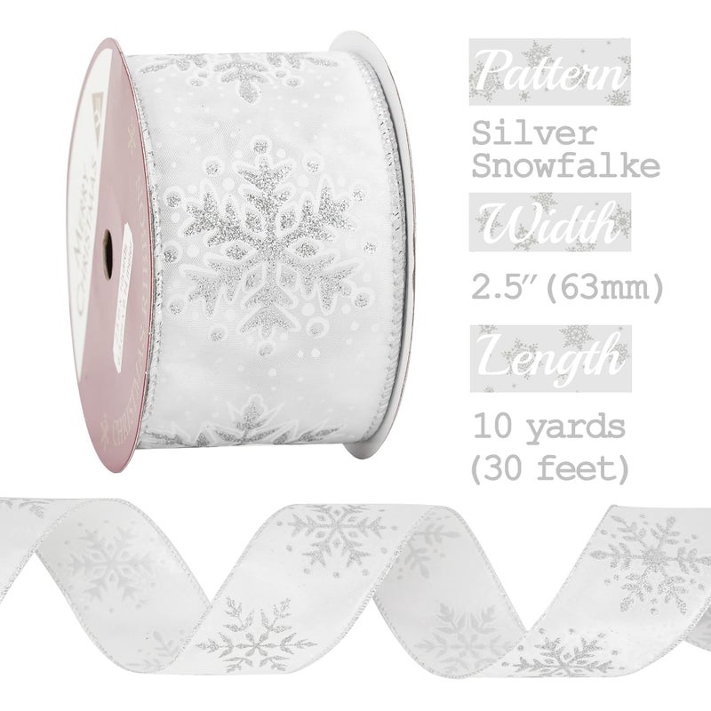 MEEDEE Silver Snowflake Wired Ribbon White Ribbons with Glitter Snowflake 2.5 Inch White and Silver Ribbon for Christmas Tree, Winter Decor, Garlands, Wreaths, Gift Wrapping (10 Yards) - Image 2