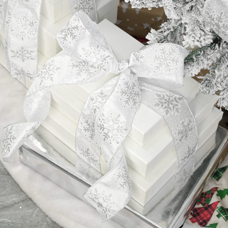 MEEDEE Silver Snowflake Wired Ribbon White Ribbons with Glitter Snowflake 2.5 Inch White and Silver Ribbon for Christmas Tree, Winter Decor, Garlands, Wreaths, Gift Wrapping (10 Yards) - Image 4