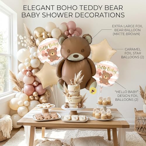 Atpata Funky Hello Baby 35inch Teddy Bear Foil Balloons (Set of 5pcs) Brown Bear & Caramel Stars for New Baby Shower Party Decorations, Newborn Party, Welcome Baby Decor - Image 4