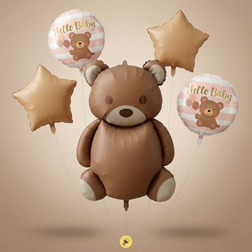 Atpata Funky Hello Baby 35inch Teddy Bear Foil Balloons (Set of 5pcs) Brown Bear & Caramel Stars for New Baby Shower Party Decorations, Newborn Party, Welcome Baby Decor - Image 2