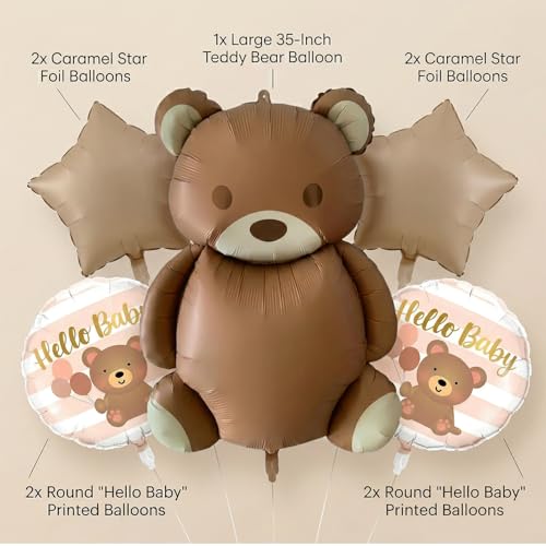 Atpata Funky Hello Baby 35inch Teddy Bear Foil Balloons (Set of 5pcs) Brown Bear & Caramel Stars for New Baby Shower Party Decorations, Newborn Party, Welcome Baby Decor - Image 3