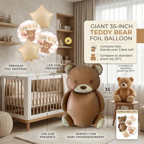 Atpata Funky Hello Baby 35inch Teddy Bear Foil Balloons (Set of 5pcs) Brown Bear & Caramel Stars for New Baby Shower Party Decorations, Newborn Party, Welcome Baby Decor - Image 5