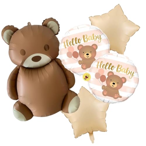 Atpata Funky Hello Baby 35inch Teddy Bear Foil Balloons (Set of 5pcs) Brown Bear & Caramel Stars for New Baby Shower Party Decorations, Newborn Party, Welcome Baby Decor - Image 1