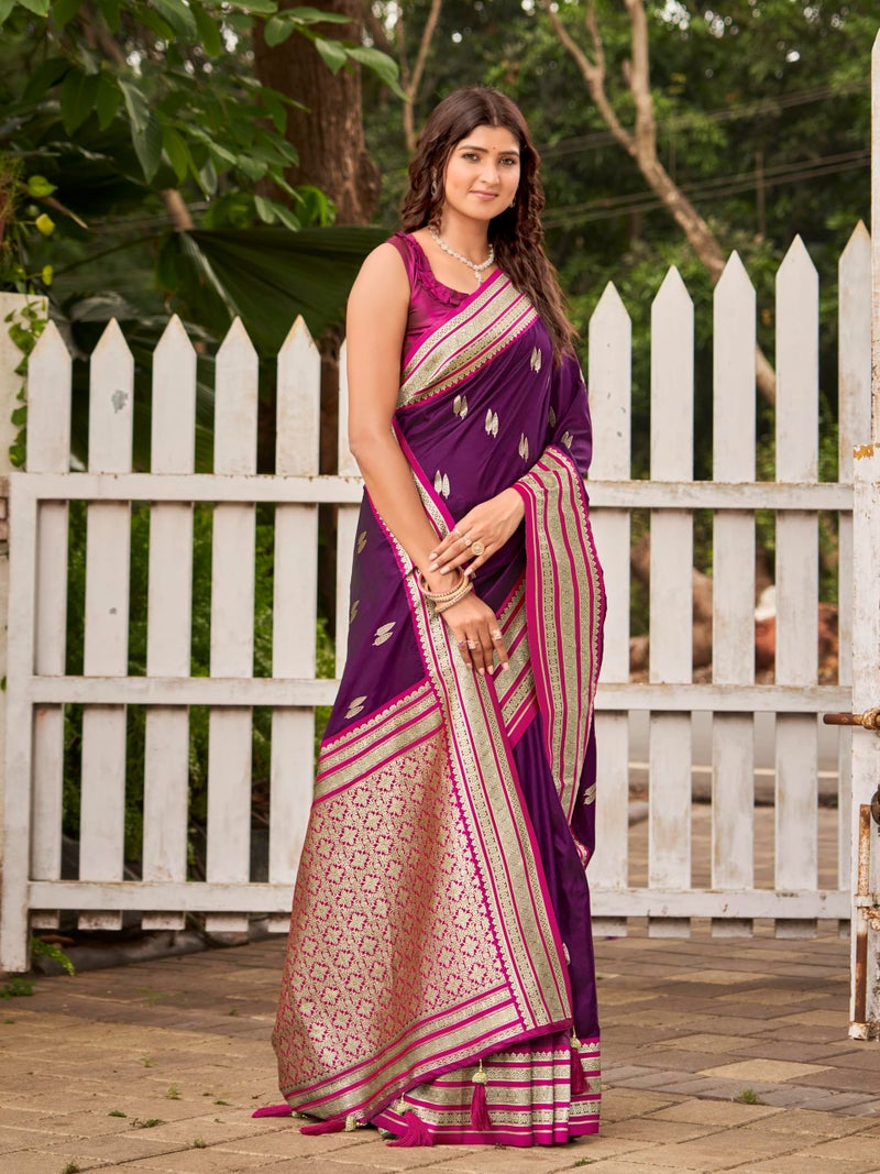 MANOHARI Women's Most Trendy Banarasi Satin Silk Woven Magenta Flower Pattern Saree With Heavy Jacquard Work Saree With Blouse Piece_MN2037 - Image 4
