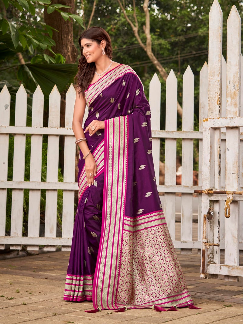 MANOHARI Women's Most Trendy Banarasi Satin Silk Woven Magenta Flower Pattern Saree With Heavy Jacquard Work Saree With Blouse Piece_MN2037 - Image 2