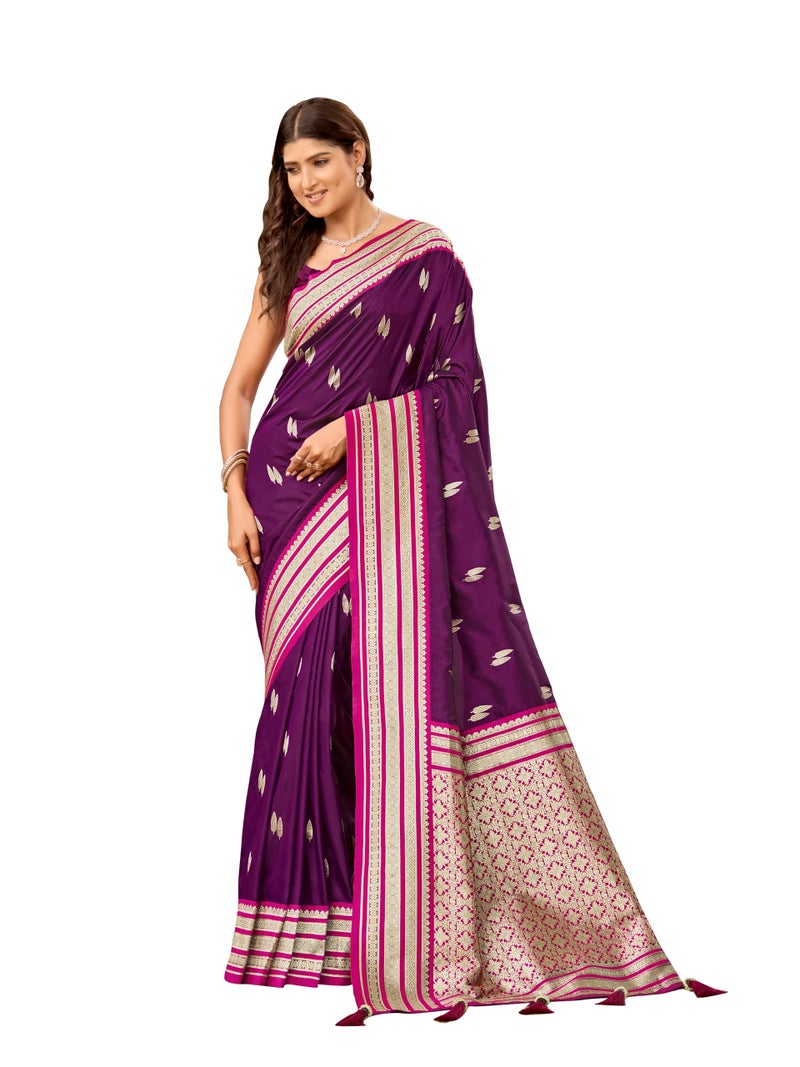 MANOHARI Women's Most Trendy Banarasi Satin Silk Woven Magenta Flower Pattern Saree With Heavy Jacquard Work Saree With Blouse Piece_MN2037 - Image 1