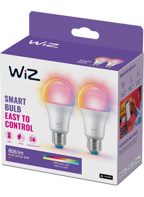 Smart LED Bulb A60 E27 (Pack of 2), 60W Equivalent 806lm (8.5W), Color Changing RGB 16M + Tunable White Warm-to-Cool, WiFi + Bluetooth, Matter Compatible, Works with Alexa/Google/Apple Home, No Hub, App & Voice Control