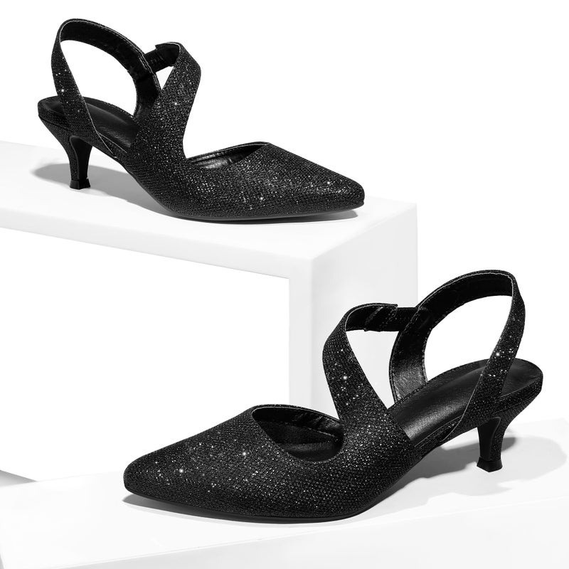 mysoft Women's Dress Shoes Low Heels 2 inch Kitten Pumps Slingback Wedding Party Medium/Wide Width Shoes Black Glitter - Image 3
