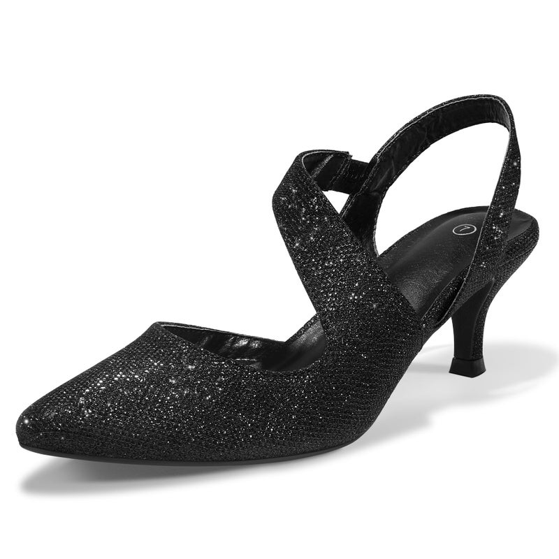 mysoft Women's Dress Shoes Low Heels 2 inch Kitten Pumps Slingback Wedding Party Medium/Wide Width Shoes Black Glitter - Image 1