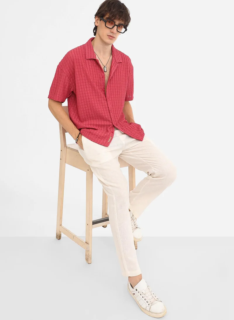 Campus Sutra Men's Crimson Red Hollow Knit Oversized Shirt