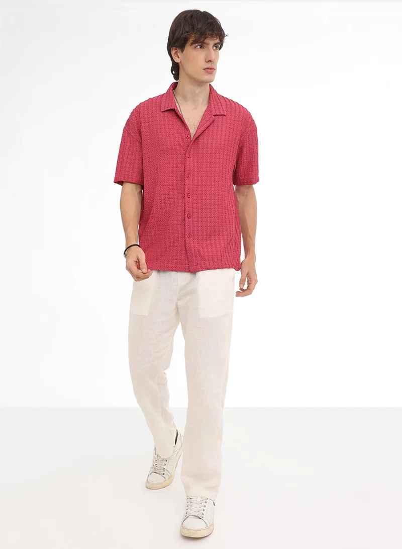 Campus Sutra Men's Crimson Red Hollow Knit Oversized Shirt