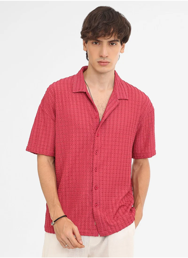 Campus Sutra Men's Crimson Red Hollow Knit Oversized Shirt