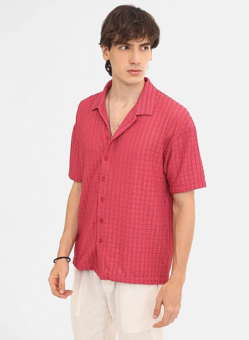 Campus Sutra Men's Crimson Red Hollow Knit Oversized Shirt