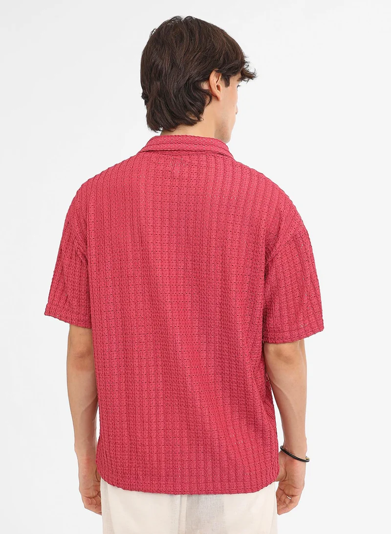 Campus Sutra Men's Crimson Red Hollow Knit Oversized Shirt