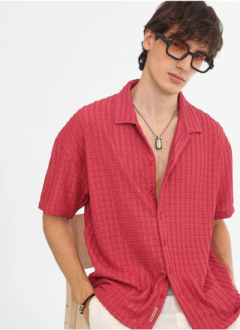 Campus Sutra Men's Crimson Red Hollow Knit Oversized Shirt