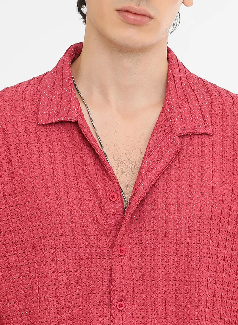 Campus Sutra Men's Crimson Red Hollow Knit Oversized Shirt